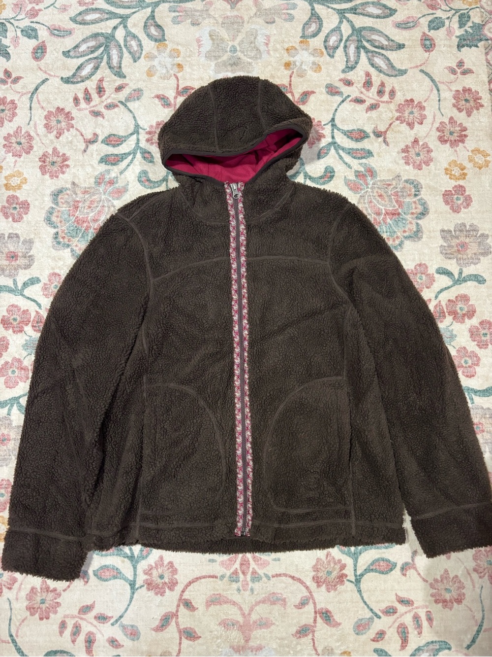 L.L. Bean Brown Teddy Fleece Sherpa Jacket with Pink Lined Hood